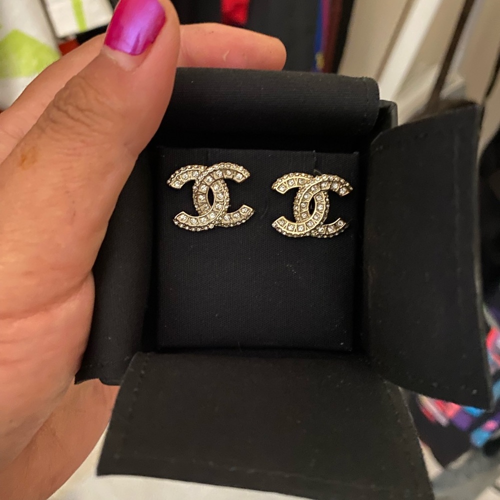 CHANEL - Gold and Crystal CC Stud Earrings